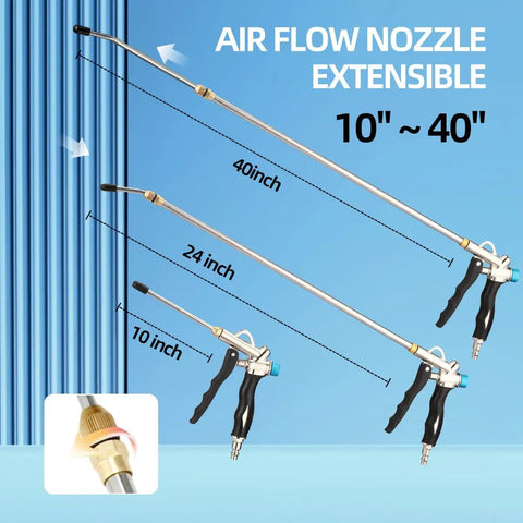 Industrial Air Blow Gun With Extension Tube 19 To 41 Inch, Two Way High Flow Nozzle, Heavy Duty Metal Body, Up To 150 PSI