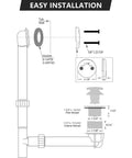 Installation diagram for Top Shelf Champagne Bronze Bathtub Drain Stopper With Tip Toe Overflow Faceplate and Warm Brushed Gold Finish.