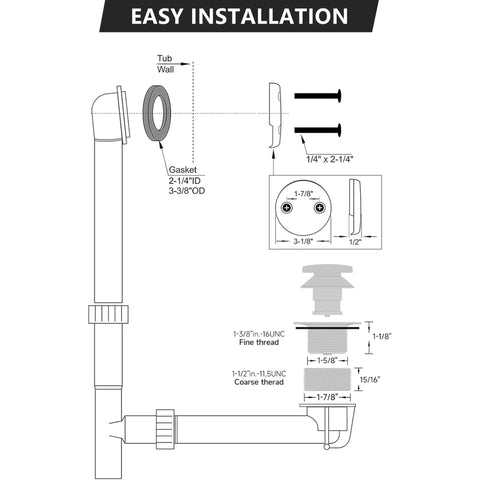 Installation diagram for Top Shelf Champagne Bronze Bathtub Drain Stopper With Tip Toe Overflow Faceplate and Warm Brushed Gold Finish.