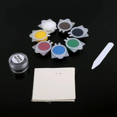 No Heat Liquid Leather Scratch Repair Kit for Car Seats and Furniture with color jars, tool, and cloth