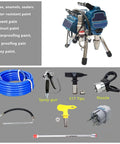 Heavy Duty Electric Airless Paint Sprayer With A Brushless Motor And 2800 Watts For Knockout Epoxy Floors and accessories like spray gun and nozzles.