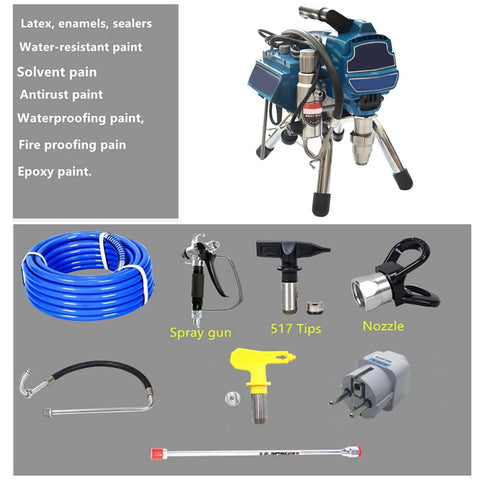 Heavy Duty Electric Airless Paint Sprayer With A Brushless Motor And 2800 Watts For Knockout Epoxy Floors and accessories like spray gun and nozzles.