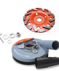 Universal Dust Shroud For 4.5 To 5 Inch Angle Grinders With 5 Inch Diamond Grinding Cup Wheel and accessories shown.