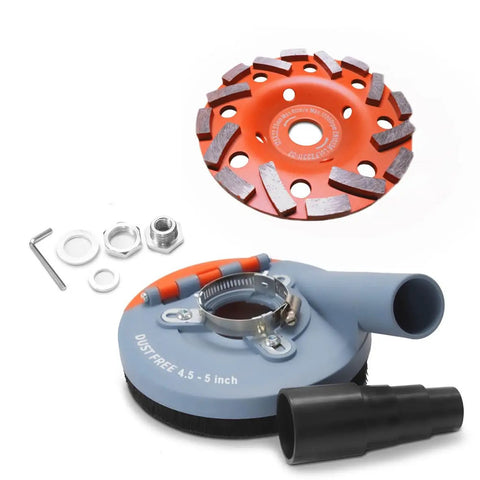 Universal Dust Shroud For 4.5 To 5 Inch Angle Grinders With 5 Inch Diamond Grinding Cup Wheel and accessories shown.