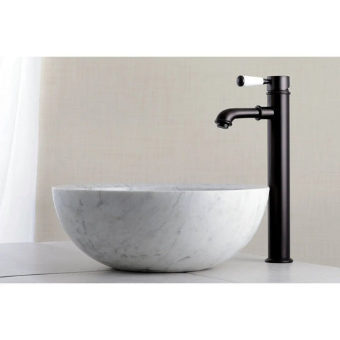 Single Handle Vessel Sink Faucet in Brushed Nickel, Deck Mount, Drip Free Ceramic Disc, Brass Zinc Alloy Build next to vessel sink