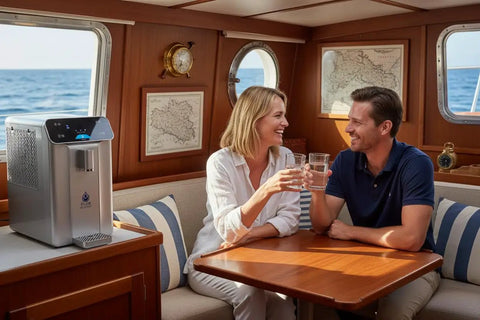 Couple enjoying drinks with Make Fresh Water From Air With This Atmospheric Water Generator, No Plumbing Or Tap Water Needed, Purified 2.64 Gallons For Home, RV, Boat, Off-Grid Or Emergency Use, Just Plug In And Sip Clean Water Anywhere on table in a boat cabin