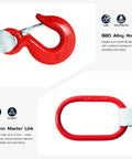 Close-up of red G80 alloy hook and master ring on Beefy Heavy Duty 5 Foot Polyester Lifting Sling With 2 Inch Web.
