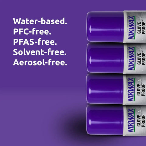 Glove Proof High Performance Waterproofing Treatment bottles highlighting features like water-based and free from PFC, PFAS, solvents, aerosols.