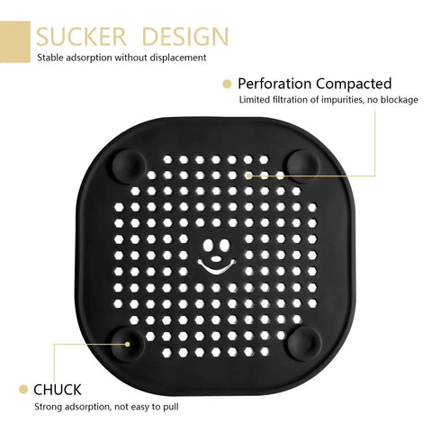 Black silicone drain hair catcher with sucker design for easy installation.