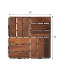Top view of Interlocking Walnut Grid Deck Tiles 12 X 12 Inch 9-Piece Set for Patios, natural Acacia hardwood, quick snap fit.