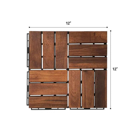 Top view of Interlocking Walnut Grid Deck Tiles 12 X 12 Inch 9-Piece Set for Patios, natural Acacia hardwood, quick snap fit.