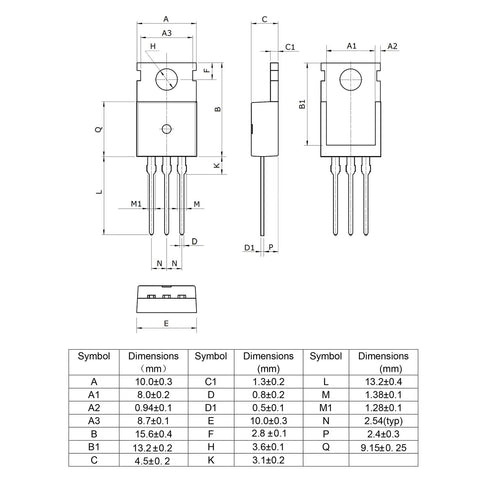 IRLB8721N N Channel MOSFET Power Transistor Pack Of 10, 30V 62A High Current, Fast Switching, 65W Dissipation, TO220 Package, Rugged And Beefy, Ideal For DIY Power Projects, Motor Controllers And High Drain Gear dimension drawing with pin layout