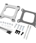 Open Center Three Quarter Inch Carburetor Gasket Adapter Kit 4Bbl To 4Bbl Aluminum Direct Bolt On Replacement For Most 4Bbl Carbs Improves Air Fuel Distribution Excludes Holley 4500 Silver, kit with bolts and gaskets shown