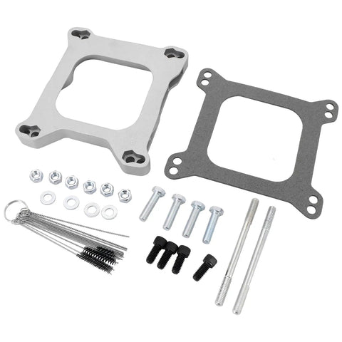 Open Center Three Quarter Inch Carburetor Gasket Adapter Kit 4Bbl To 4Bbl Aluminum Direct Bolt On Replacement For Most 4Bbl Carbs Improves Air Fuel Distribution Excludes Holley 4500 Silver, kit with bolts and gaskets shown