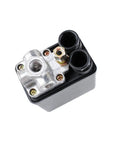 Air Compressor Pressure Switch Control Valve With One Quarter Inch PT Thread And Safety Relief Valve, Replacement Parts 90 To 120 PSI, 4 Port, 240V Auto On Off, silver and black, top view
