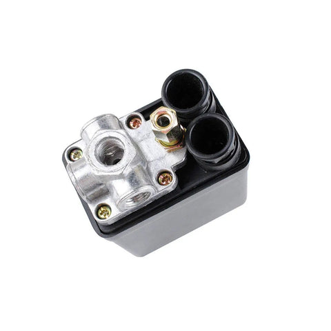 Air Compressor Pressure Switch Control Valve With One Quarter Inch PT Thread And Safety Relief Valve, Replacement Parts 90 To 120 PSI, 4 Port, 240V Auto On Off, silver and black, top view