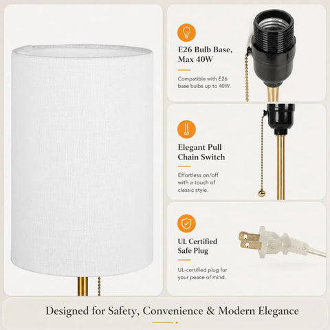 Gold Table Lamps Set Of 2 For Bedside And Living Room With Marble Bases Linen Shade Pull Chain 3 Way Dimmable Nightstand Lamps 18.5 Inch Tall Slim Desk Style Bulbs Included, featuring linen shade, pull chain switch, and UL certified plug.