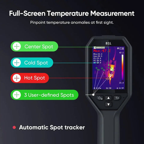 Front view of Handheld Thermal Imaging Camera With WiFi, 25Hz Refresh, 160x120 IR Resolution, 3.2 Inch LCD displaying temperature spots