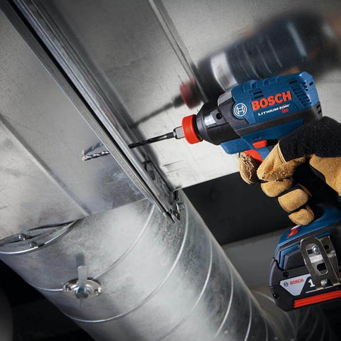 Bosch cordless drill with drill bit in metal duct, blue body and orange trigger