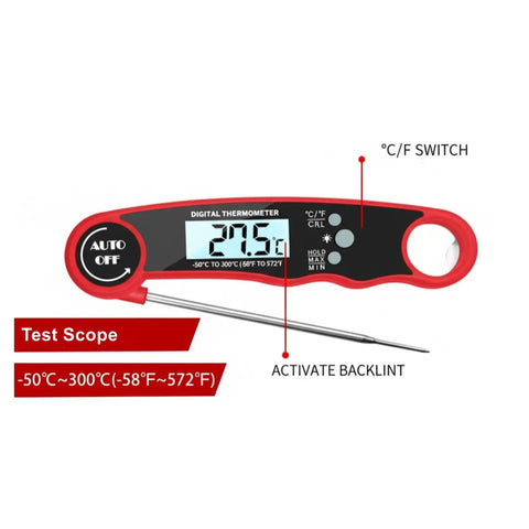 Digital thermometer with auto off feature and temperature range of -50°C to 300°C. Visible backlit display and control buttons.