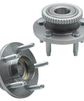 Two Piece Front Wheel Bearing Hub Assembly Replacement Fits 2005 Through 2014 Ford Mustang 5 Lug Setup Abs Tone Ring Ready, detailed view showing the metal construction and bolt holes.