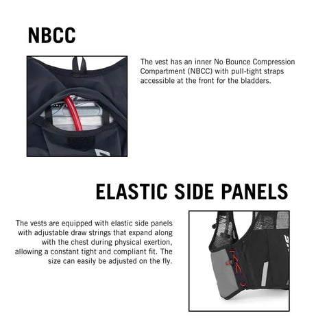 Close-up of the No Bounce Compression Compartment on Pace Running Vest Hydration Pack With 2 UltraFlasks 8L Trail Backpack.