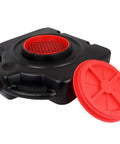 Lightweight 15 Quart Oil Change Pan With Filter Drain Screen Large 8 Inch Drain Opening And Easy Pour Spout shown with red lid