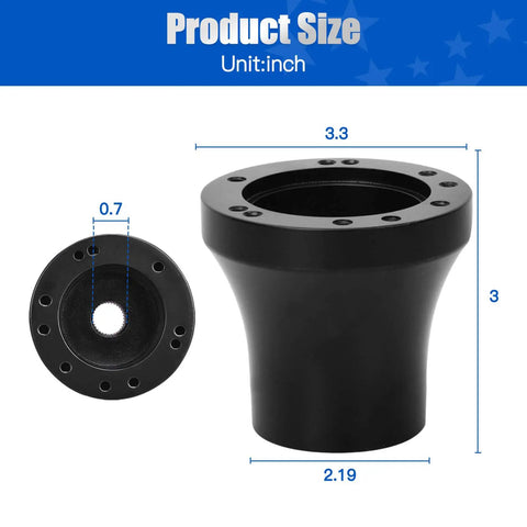 Slick Club Car DS Golf Cart Steering Wheel Adapter For 5 And 6 Hole Column Straight Swap showing size, 3 inches tall, black steel material.