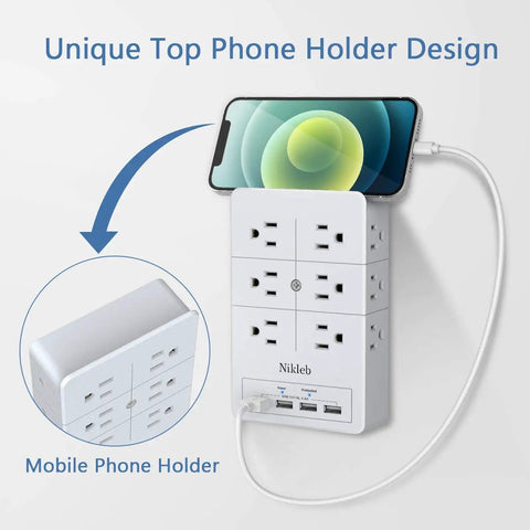 2 Pack Surge Protector Power Strip With 4 USB Ports, Wall Mountable Outlet Splitter holding phone, USB cable connected