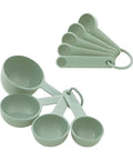 Nine Piece Measuring Cups And Spoons Set With Soft Grip Handle shown in pistachio color on white background.
