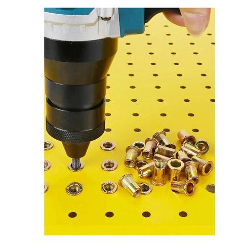 Using a drill on a yellow pegboard with Solid Flat Head Threaded Insert Nut With Knurled Body for secure installations.