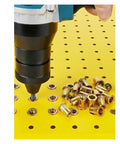 Dope Flat Head Threaded Insert Nut Set From M3 To M12 used with a drill on a yellow pegboard for assembly with nuts.