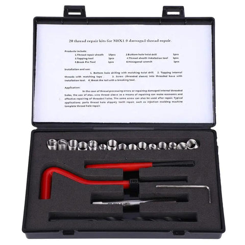 Stainless Steel M8x1 Thread Repair Kit 20 Pcs For Damaged Threads Heavy Duty Thread Inserts For Metal And Plastic Easy Install Pro Grade Repair For Stripped Threads, open case with tools