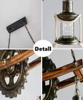 Details of Retro Wood Pendant Lighting Fixture With Glass Shade And Black Metal Cage Frame, including chain and gear design