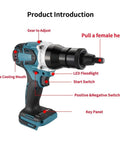 Beefed Up Brushless Electric Rivet Nut Tool Kit With Automatic Riveter Head Set M3 M4 M5 labeled parts and features