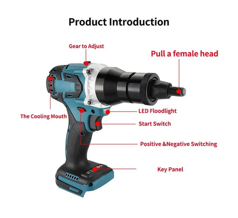 Beefed Up Brushless Electric Rivet Nut Tool Kit With Automatic Riveter Head Set M3 M4 M5 labeled parts and features