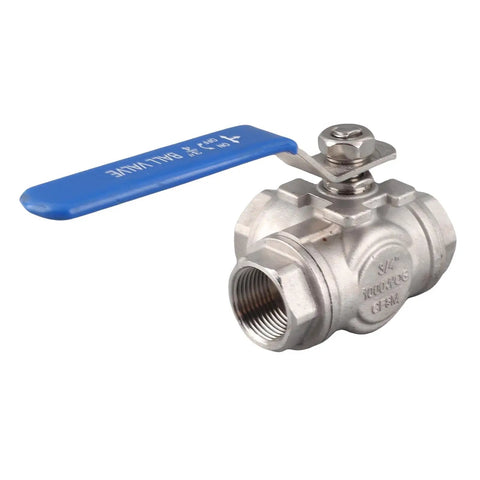 Top Shelf Three Way Stainless Steel Ball Valve With T Type Design For Plumbing And Gas Lines Built Tough As Nails To Deliver Corrosion Resistant Flow Without Any Drama, close-up view with blue handle.