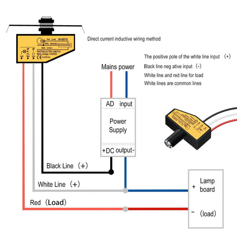 Wiring diagram for DC Photoelectric Switch Dusk To Dawn Sensor For Outdoor Lighting 8V To 50V Wide Voltage Range 5A Load