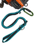 Quick Cinch Chainsaw Lanyard With Double End Attachments 60 Inch Reach featuring teal color and carabiner, attached to an orange chainsaw