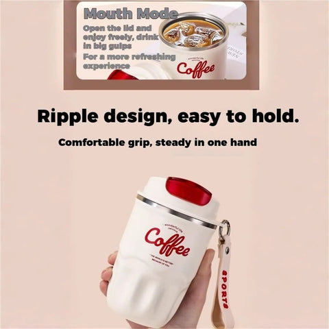 Smart Temp Insulated Coffee Tumbler Leak Proof Travel Mug With Handle Stainless Steel Keep Your Daily Grind Rolling Smooth Sips On The Go For Road Trip Vibes And Lazy Sundays Purple Red Edition, held in hand with red lid and ripple design.