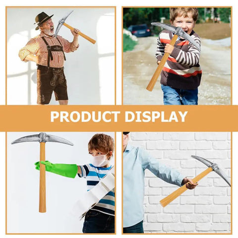 Collage of people using Three Piece 49cm Halloween Pickaxe Set For Cosplay And Party Props Mini Axe Tools For Dwarf Costumes Stage Performance Realistic And Durable Halloween Accessory You Can Rely On in various scenes.