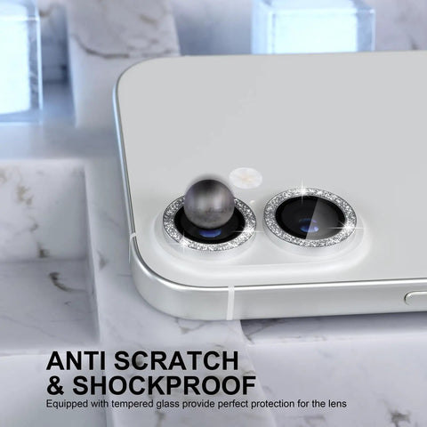 iPhone 17 Camera Lens Protector Bling Kit with 9H Tempered Glass Glitter Ring on 6.3 inch back camera, silver finish