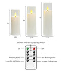 White Flameless Candles With Remote Control And Timer, 9 Piece LED Pillar Candle Set, highlighting heights and remote functions.