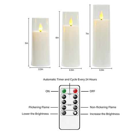 White Flameless Candles With Remote Control And Timer, 9 Piece LED Pillar Candle Set, highlighting heights and remote functions.