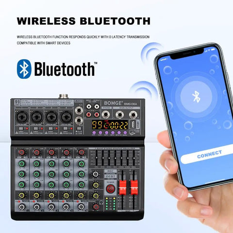 6 Channel DJ Audio Mixer With 99 DSP Effects And 7 Band EQ Gig Ready Independent 48V Phantom Power Bluetooth USB Interface