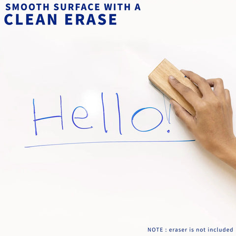 Person erasing blue marker text on Super Smooth White Corner Standing Desk With Dry Erase Surface L Shaped Sit Stand Workstation.