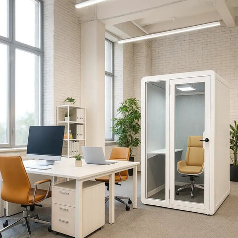 Rock Solid Soundproof Office Pod Featuring Tight Acoustic Sealing For Mobile Focus Booth in modern office setup with desks.