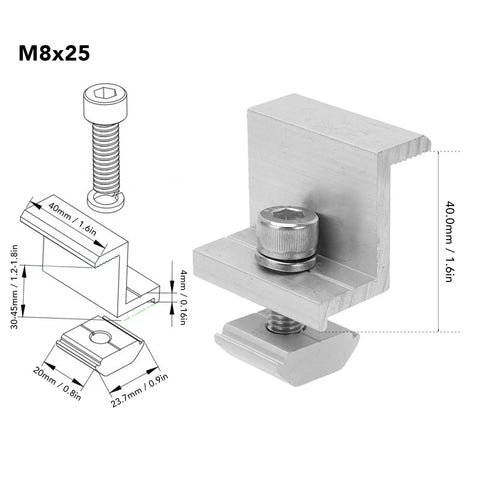 Heavy Duty Solar Panel Clamp Kit Includes Ten Piece Anodized Aluminum Z Bracket Set For RV Tile House Roof Universal Rail Mount with dimensions.