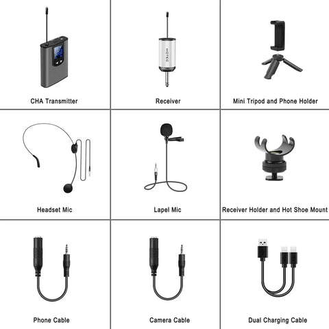 Components of UHF Wireless Headset And Lavalier Microphone Kit With Bodypack Transmitter And Mini Receiver, One Quarter Inch Output