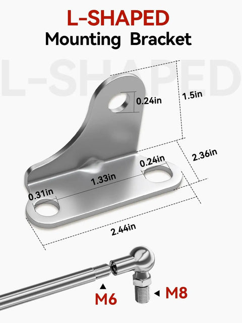 Hella Heavy Duty Gas Struts 15 Inch 35 Pound Force Shock Lifts With Mounting Brackets For Rv Bed Storage Camper Doors And Lockers Operates Smooth As Silky Butter Two Pack Set L-shaped metal mounting bracket with dimensions.
